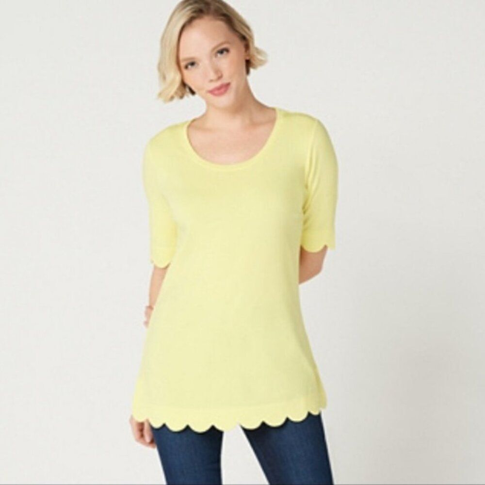 New Isaac Mizrahi Elbow Sleeve Scallop Hem Knit Top | Size S